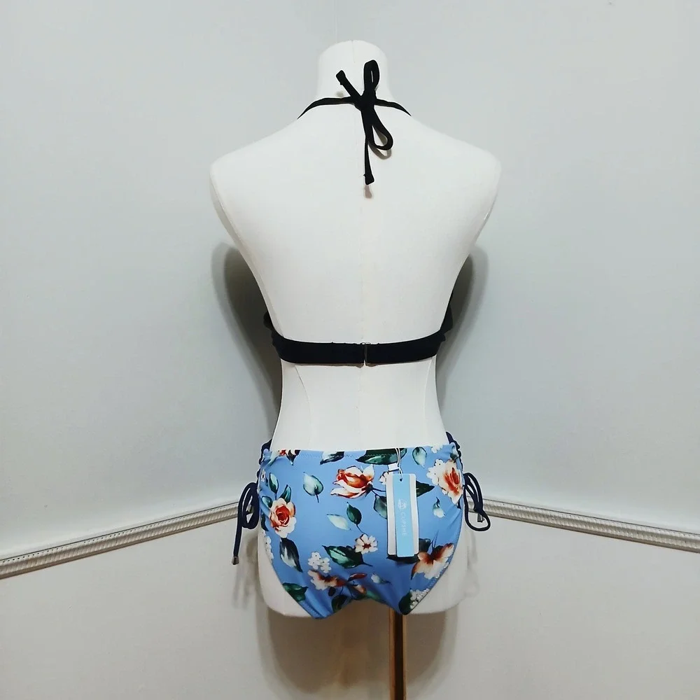 Cupshe Womens XL Bikini Set Black Halter Top Floral Lace Up Bottoms NEW - Picture 3 of 8